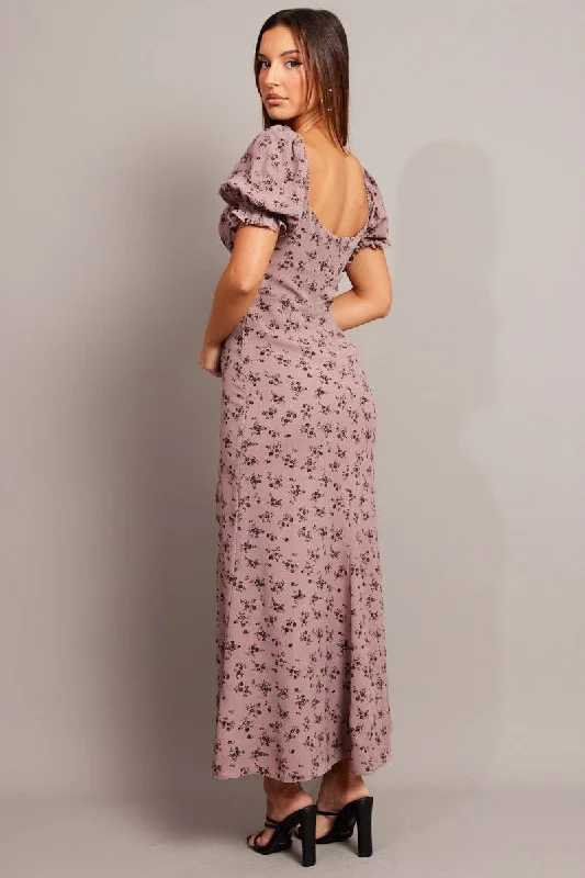 Purple Ditsy Midi Dress Puff Sleeve