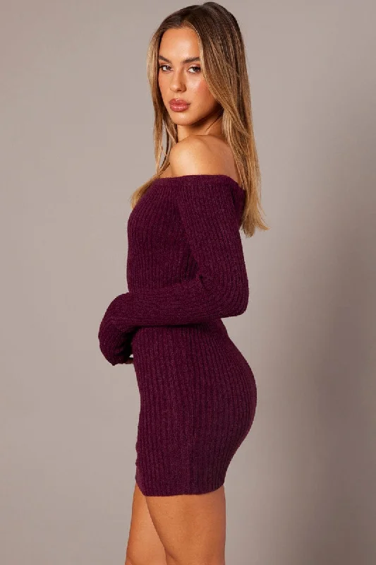 Purple Knit Dress Long Sleeve Off Shoulder Mini