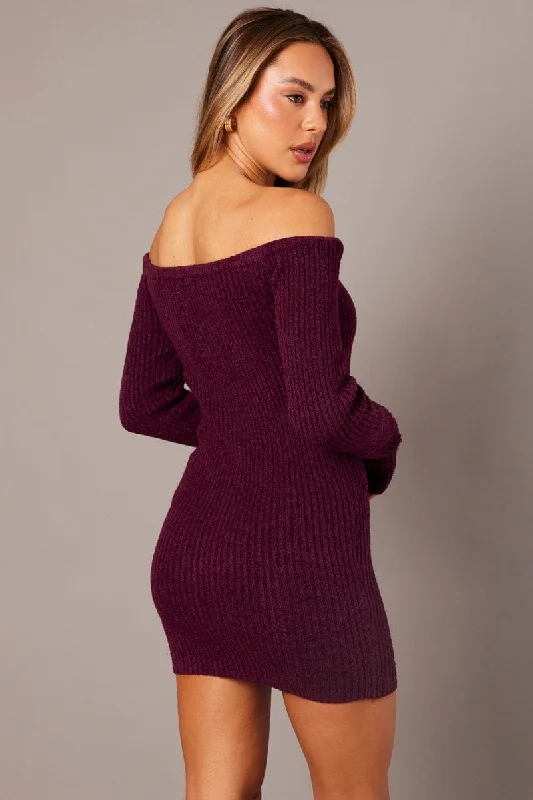 Purple Knit Dress Long Sleeve Off Shoulder Mini