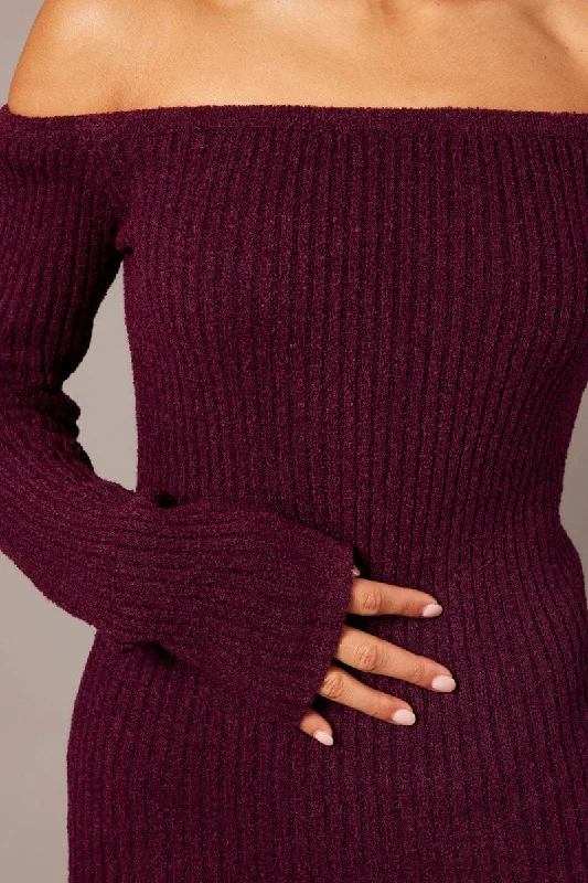 Purple Knit Dress Long Sleeve Off Shoulder Mini