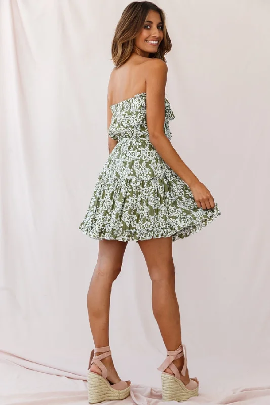 Raquel Strapless Layered Dress Floral Print Olive