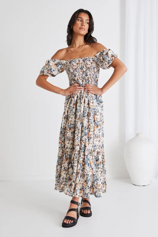 Raven Vintage Floral Puff Sleeve Tiered Maxi Dress