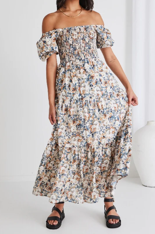 Raven Vintage Floral Puff Sleeve Tiered Maxi Dress