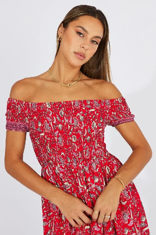 Red Boho Maxi Dress Off Shoulder