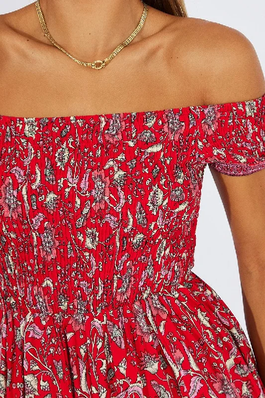 Red Boho Maxi Dress Off Shoulder