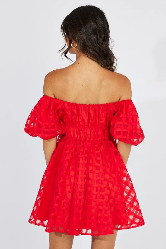 Red Fit And Flare Dress Puff Sleeve Mini