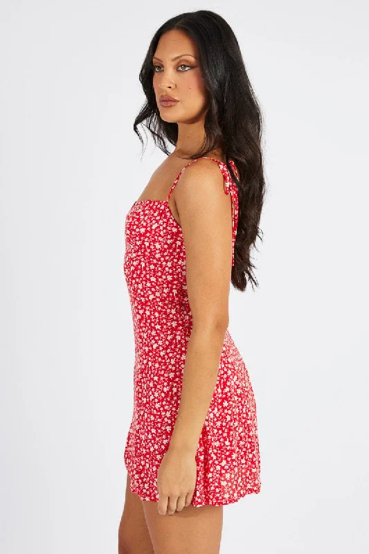 Red Floral Mini Dress Sleeveless