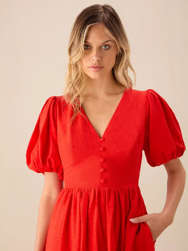 Cara Red Linen-blend Puff Sleeve V-Neck Midi Dress