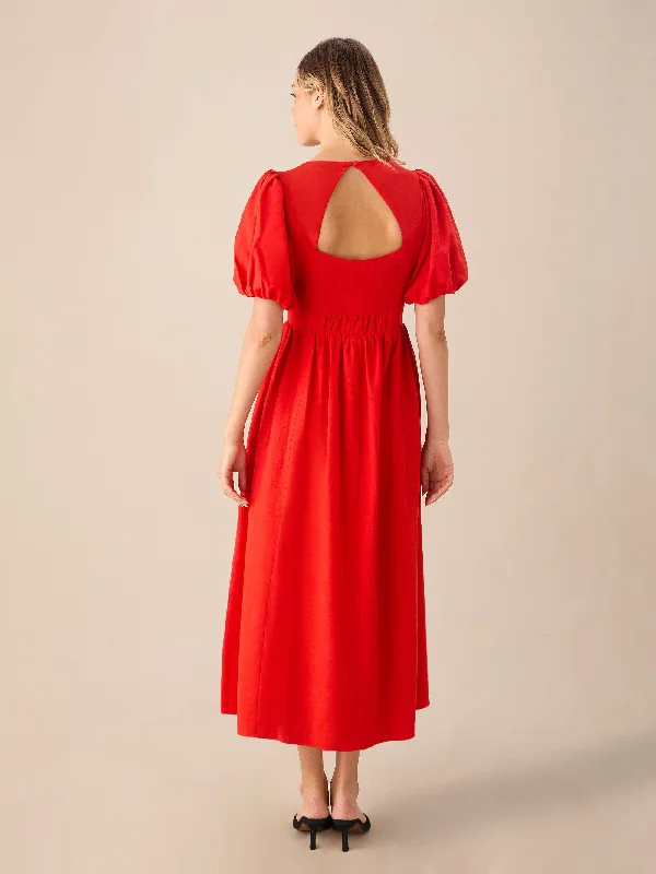 Cara Red Linen-blend Puff Sleeve V-Neck Midi Dress