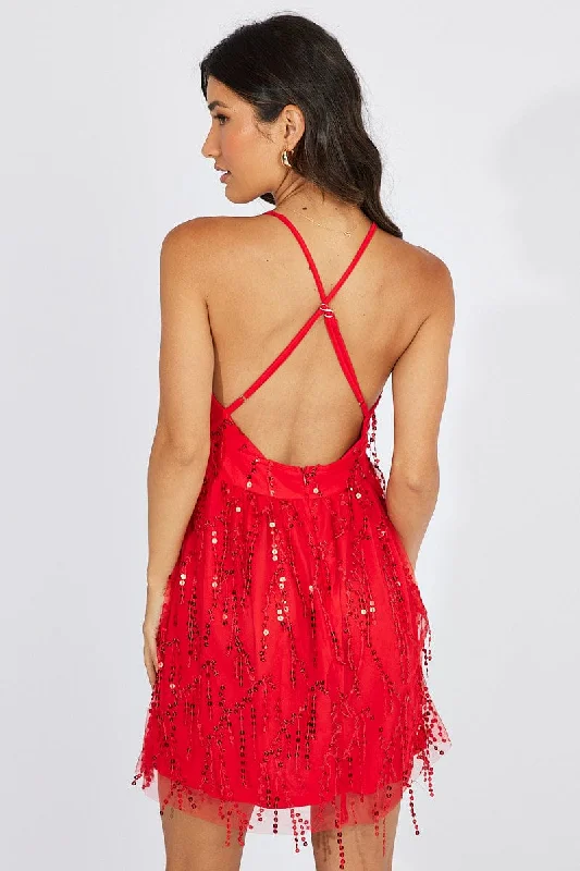 Red Sequin Mini Dress Sleeveless