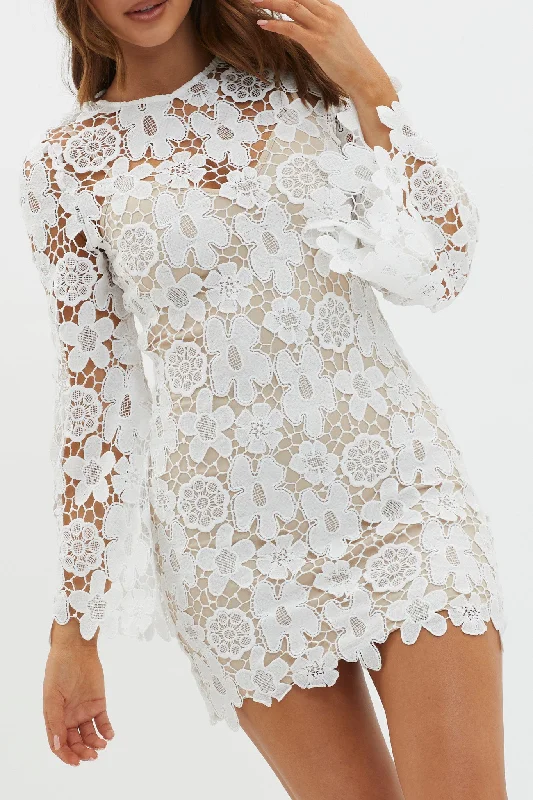 Reinhart Flared Sleeve Crochet Lace Dress White