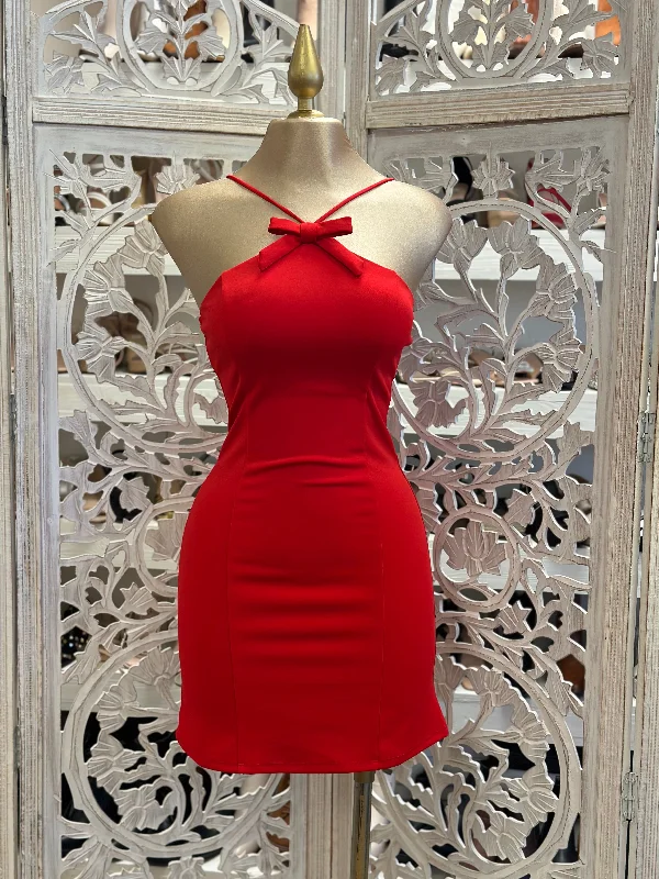 Ribbon Red Mini Dress- Stretchy