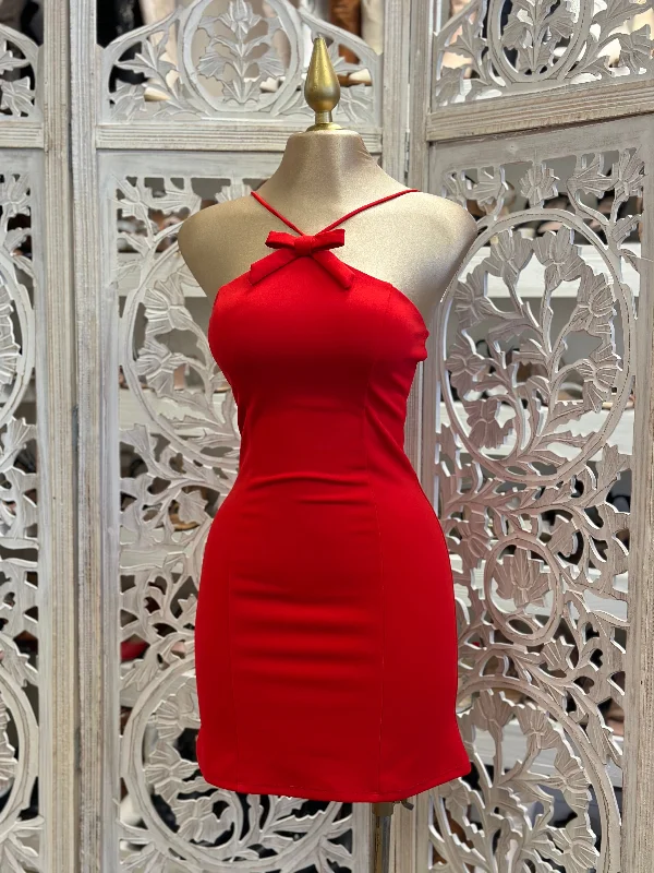 Ribbon Red Mini Dress- Stretchy