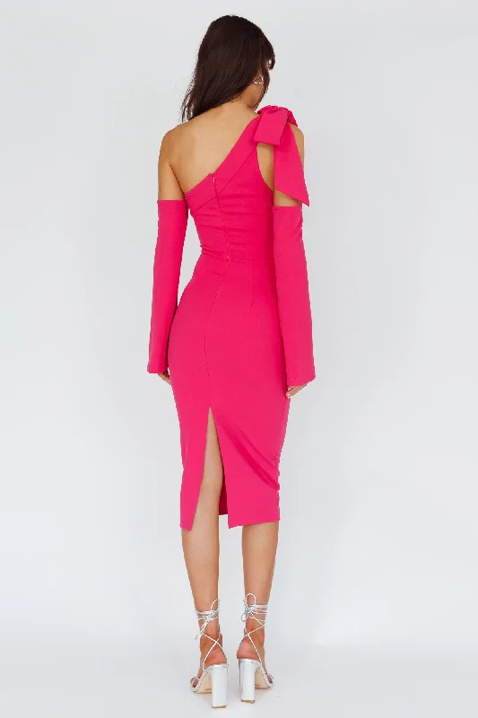 Rigel One-Shoulder Bow Midi Dress Dark Fuchsia