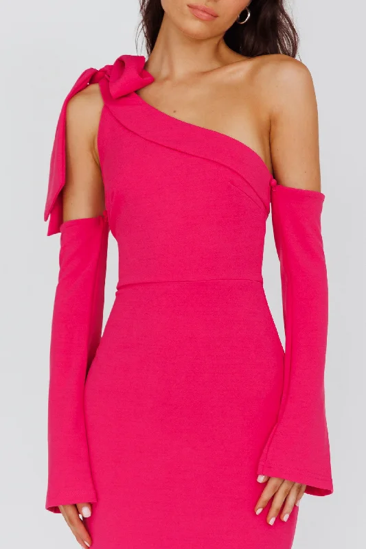 Rigel One-Shoulder Bow Midi Dress Dark Fuchsia