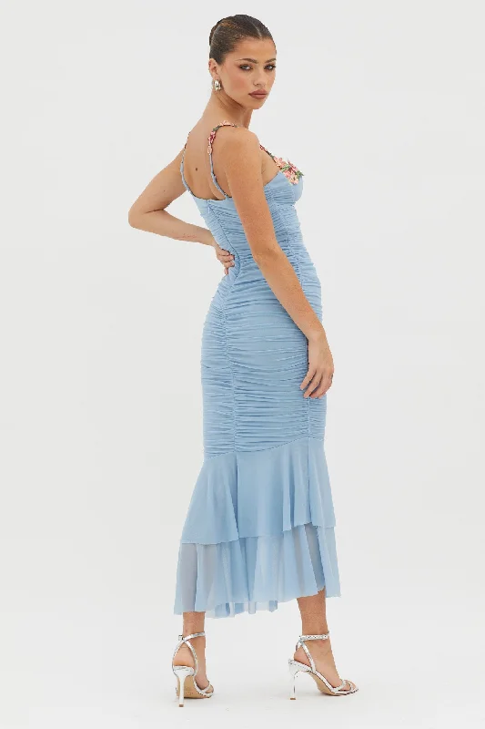 Rose Garden Ruched Mesh Midi Dress Blue