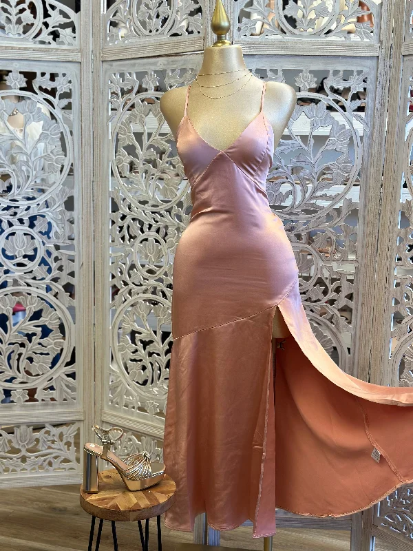 Rose Satin Strappy Slit Dress-Not Stretchy