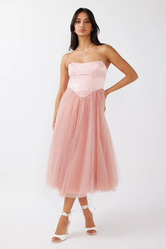 Rosemary Tulle Bustier Midi Dress Pink