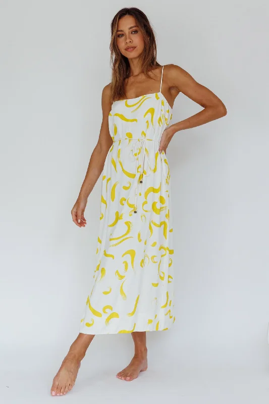 Rossy Waist Tie Midi Dress Printed Yellow