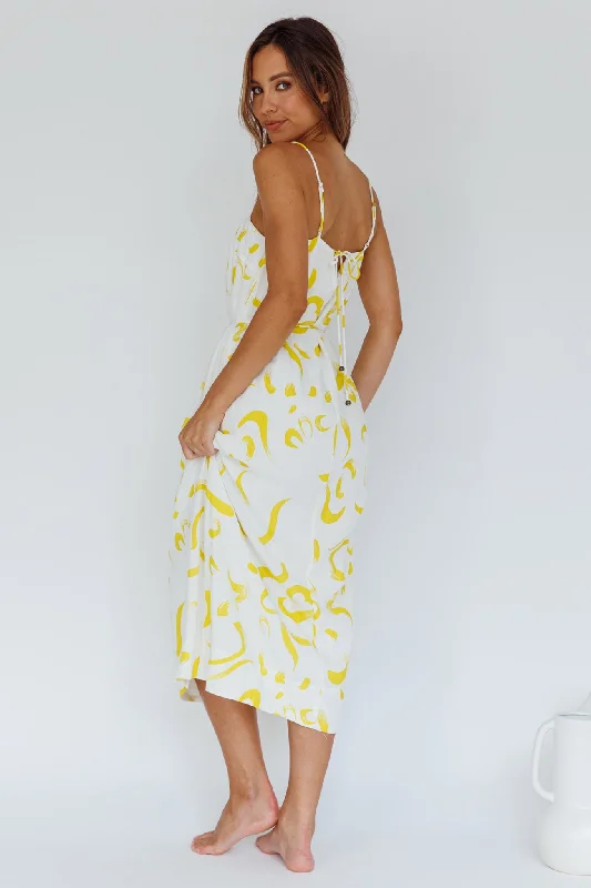 Rossy Waist Tie Midi Dress Printed Yellow