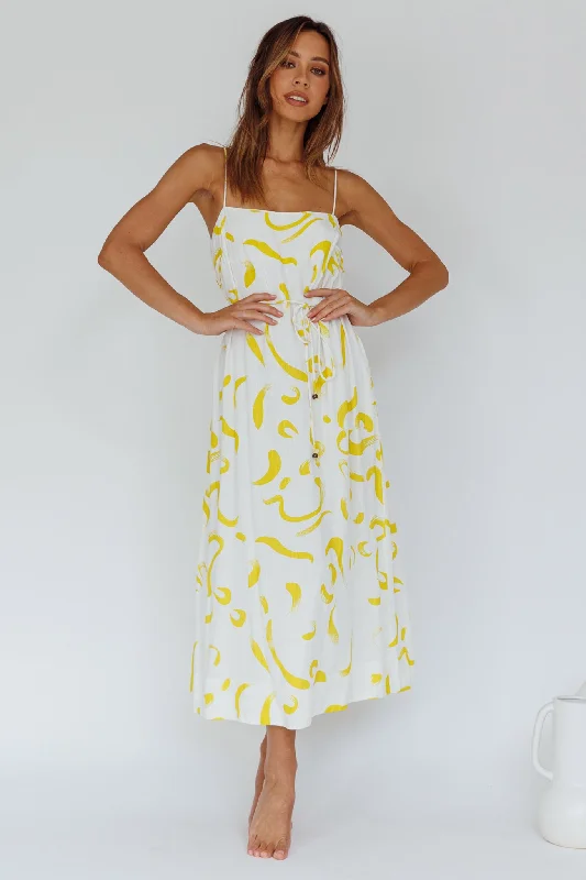 Rossy Waist Tie Midi Dress Printed Yellow