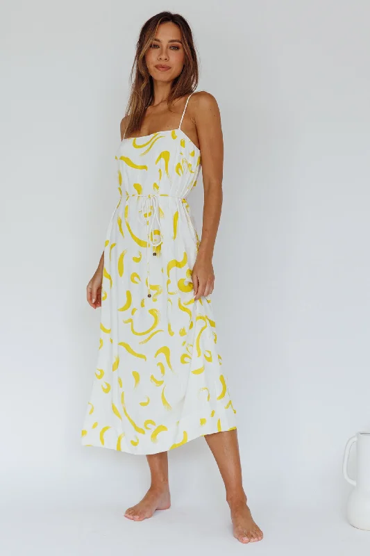 Rossy Waist Tie Midi Dress Printed Yellow