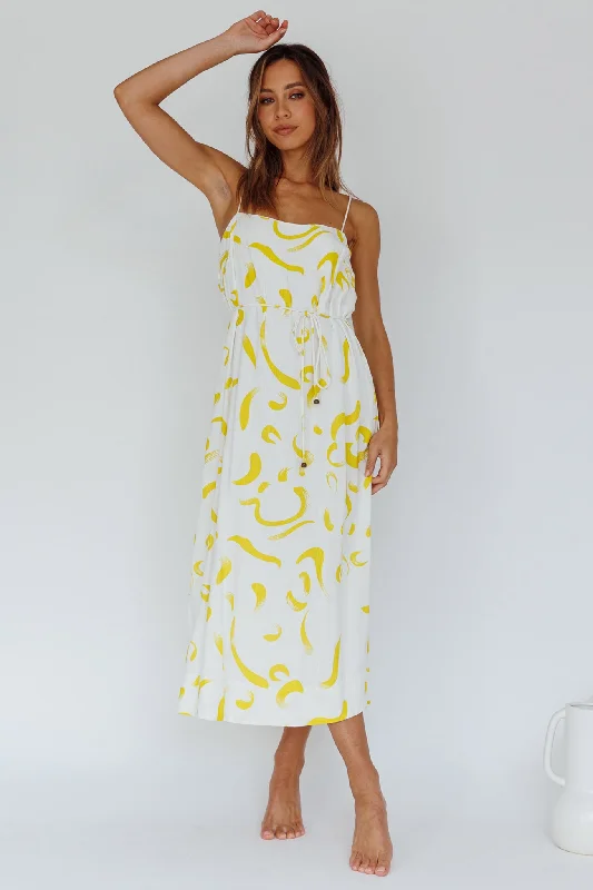 Rossy Waist Tie Midi Dress Printed Yellow