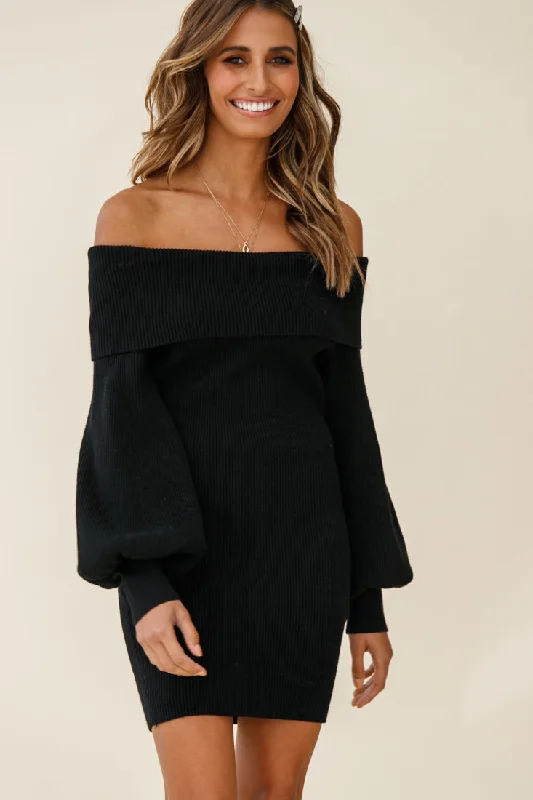 Runaway Off Shoulder Balloon Sleeve Knit Dress Black