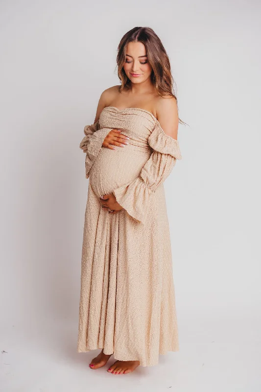 Corrine Tiered Sleeve Maxi Dress with Pockets in Beige - Bump Friendly