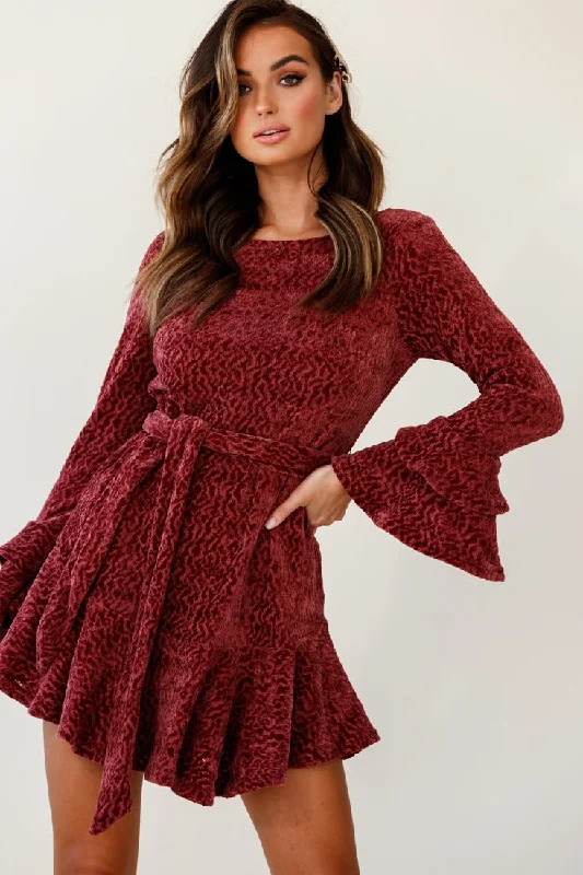 Saphira Long Sleeve Fluted Hem Knit Dress Rose