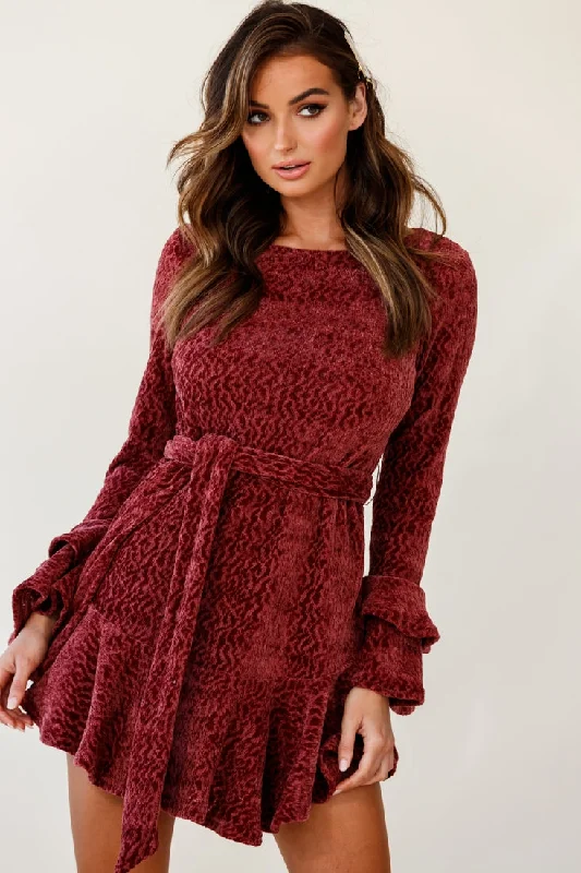 Saphira Long Sleeve Fluted Hem Knit Dress Rose