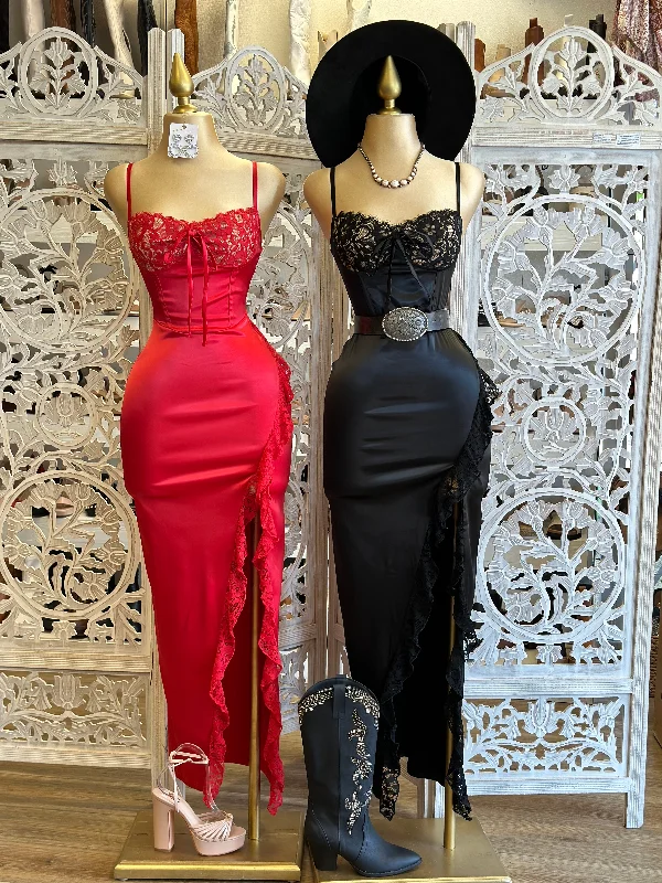 Satin Lace Maxi Dress- Slightly Stretchy