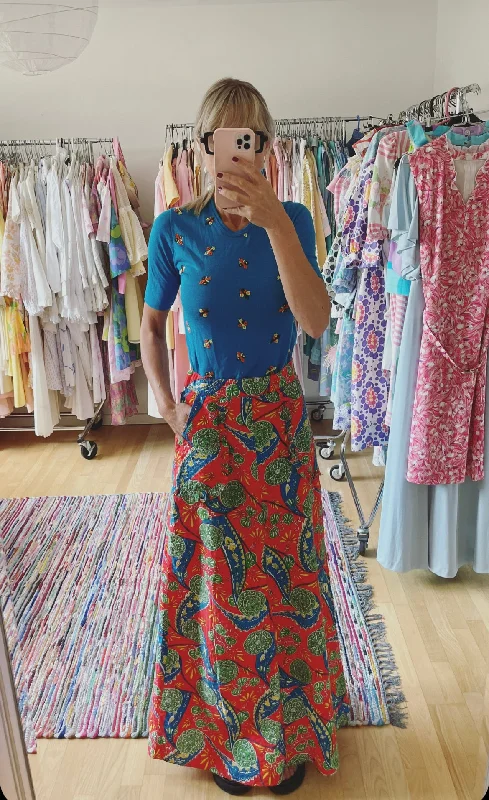 Seersucker Maxi Print 70s Skirt