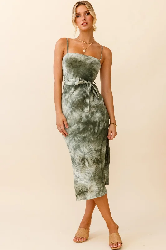 Serenade Me Square Neckline Side Split Midi Dress Tie Dye Olive