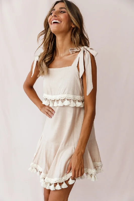 Sirocco Tassel Trim Tied Shoulder Dress Beige