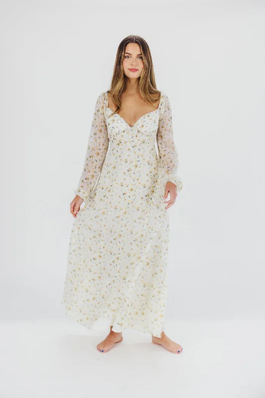 Parker Smocked Maxi Dress with Puffed Sleeves in Ivory/Yellow - Bump Friendly & Inclusive Sizing (S-3XL)