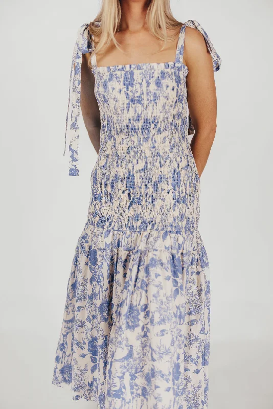 Marianne Toile Print Midi Dress with Smocking and Tie Accents in Blue - Bump Friendly