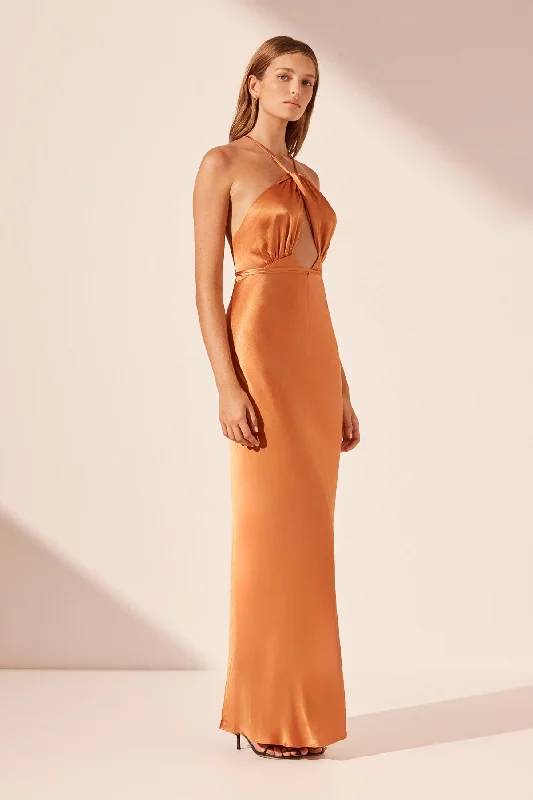 SOFIA CROSS BACK HALTER MAXI DRESS - GINGER