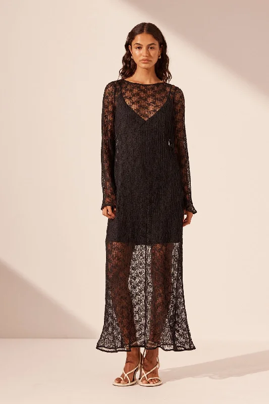 SOL LACE LONG SLEEVE MIDI DRESS - BLACK