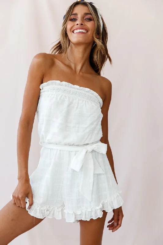 Stephy Frill-Trimmed Elasticated Strapless Romper White