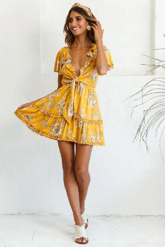 Sunny Daze Angel Sleeve Tie-Knot Bust Floral Print Dress Mustard