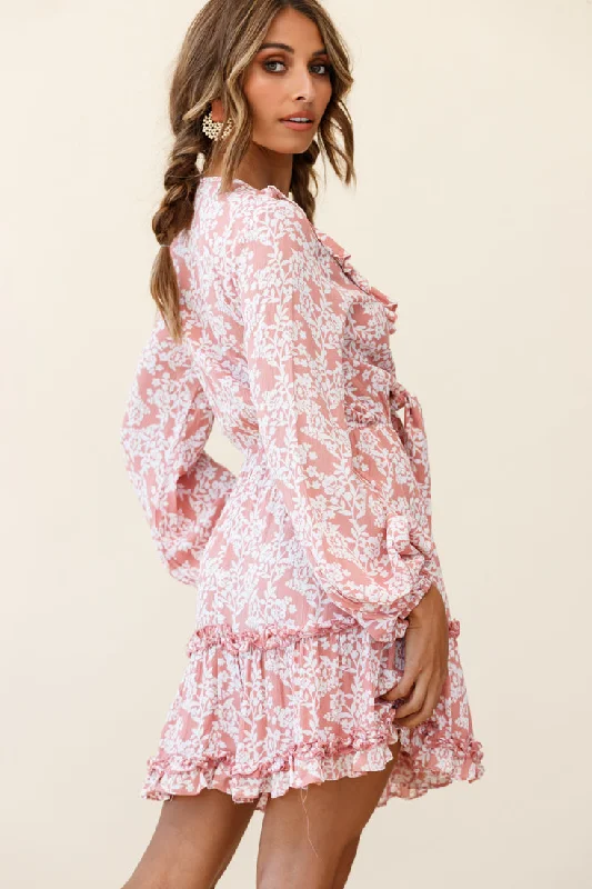 Sunny Daze Long Sleeve Tie-Knot Bust Dress Floral Print Pink