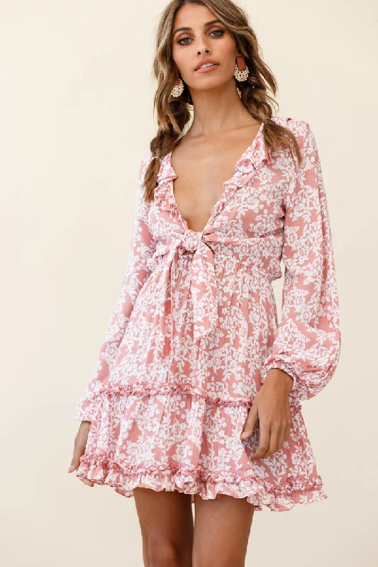 Sunny Daze Long Sleeve Tie-Knot Bust Dress Floral Print Pink