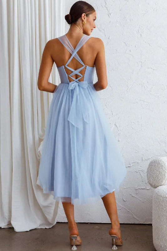 Surreal Lace-Up Back Tulle Midi Dress Blue