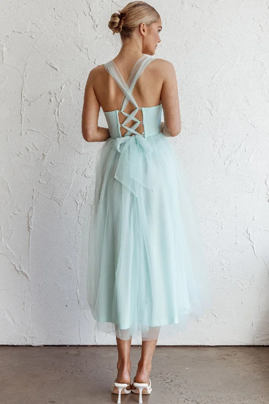 Surreal Lace-Up Back Tulle Midi Dress Mint