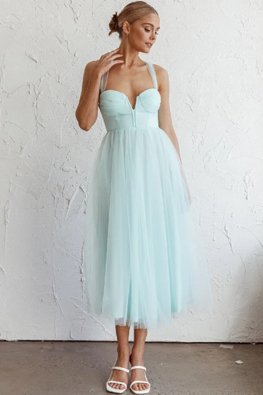 Surreal Lace-Up Back Tulle Midi Dress Mint