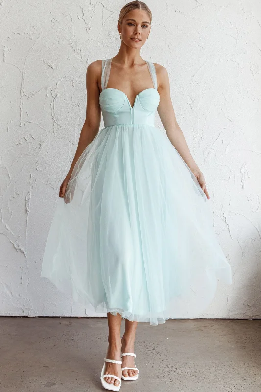 Surreal Lace-Up Back Tulle Midi Dress Mint