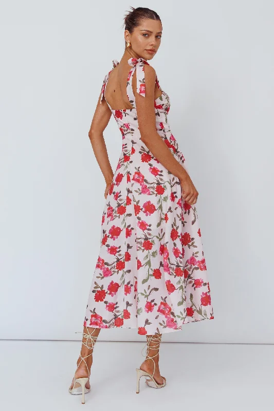 Sweet Pea Tied Bust Midi Dress Flower Pink