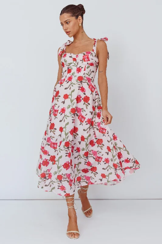 Sweet Pea Tied Bust Midi Dress Flower Pink