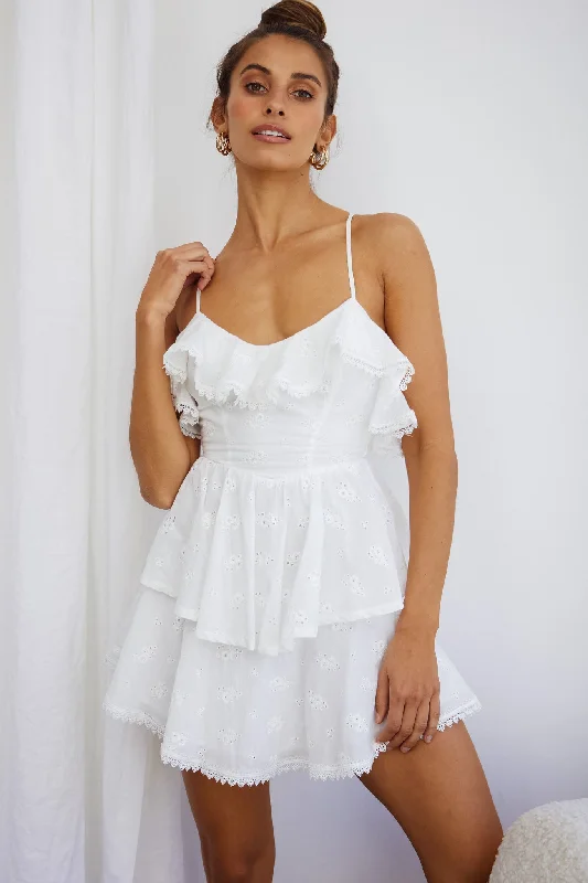 Tameka Ruffle Trim Layered Hem Eyelet Dress White